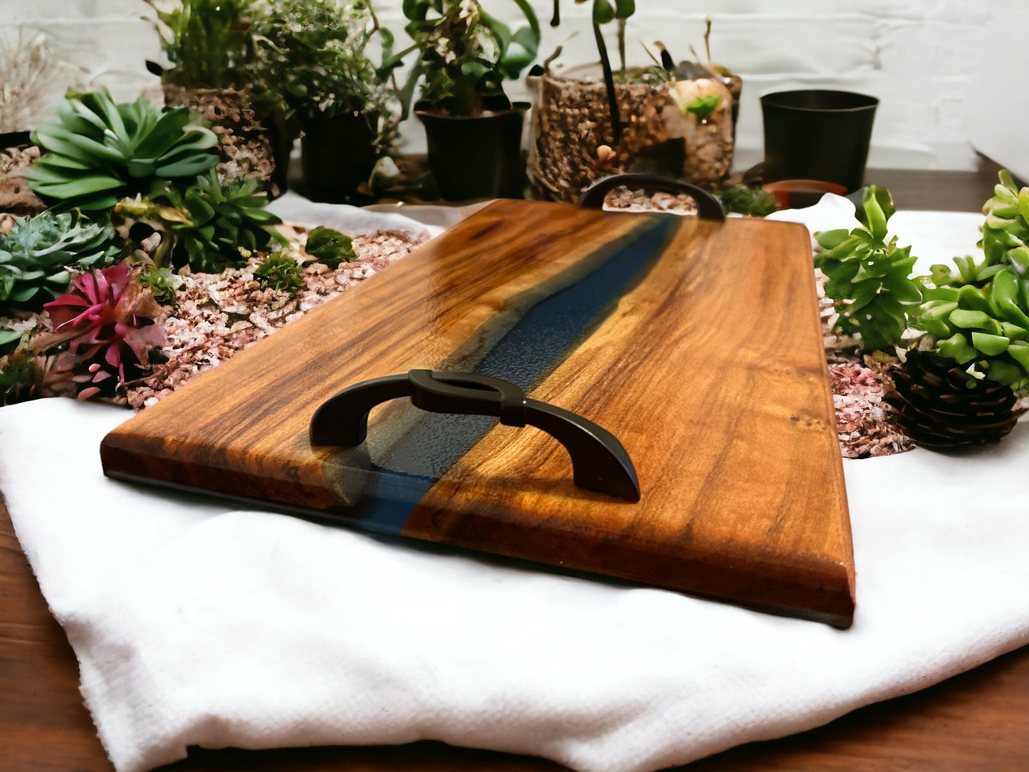 Charcuterie Serving Tray with Cherry live edge wood blue epoxy