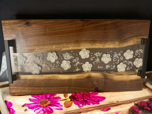 Floral Live Edge Charcuterie Board with Black Walnut Wood