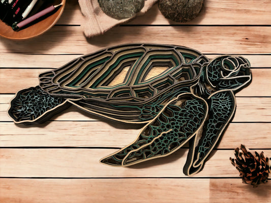 Sea Turtle Wall Hanging layered laser cut wood painted and sealed