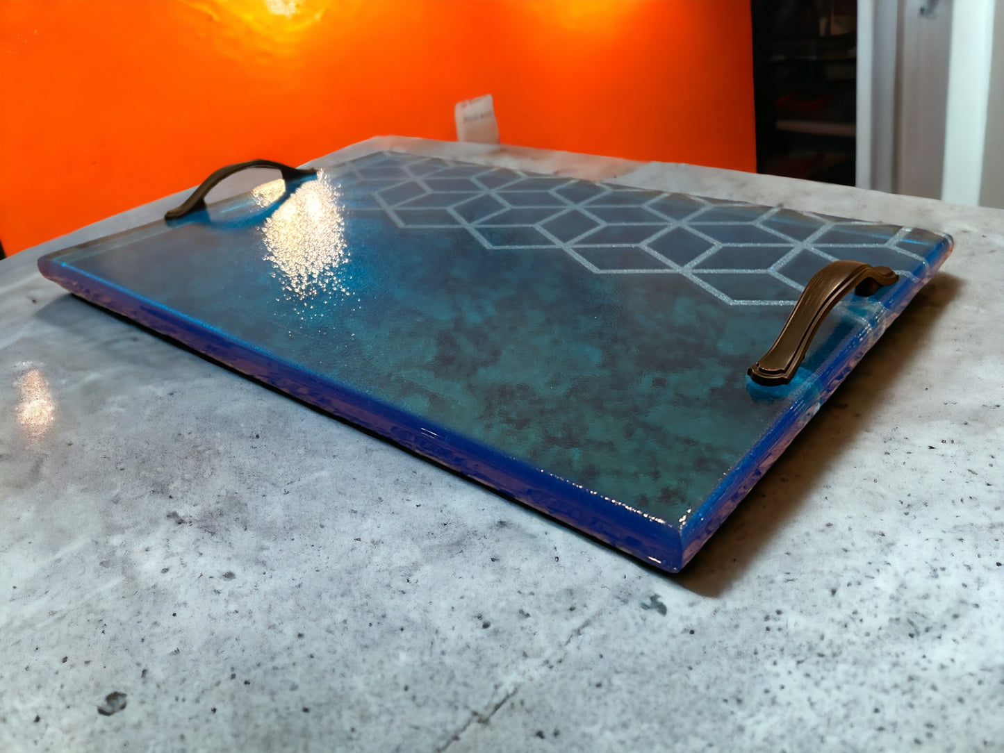 Blue Resin Serving charcuterie Board with handles and geometric design