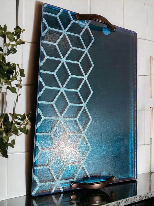 Blue Resin Serving charcuterie Board with handles and geometric design