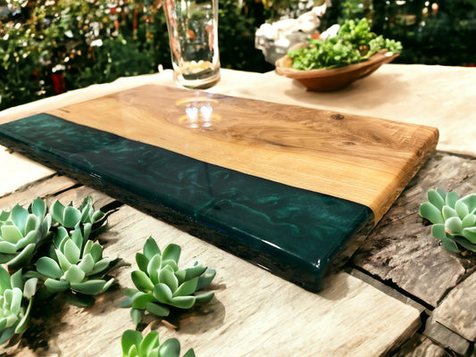 Oak live edge wood charcuterie serving tray with green epoxy resin