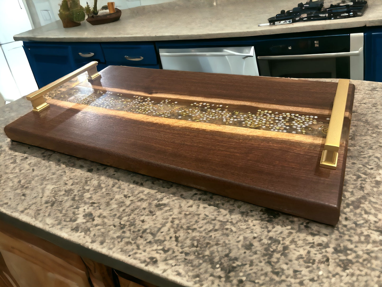 Charcuterie Cutting Tray Black Walnut live edge gold and white
