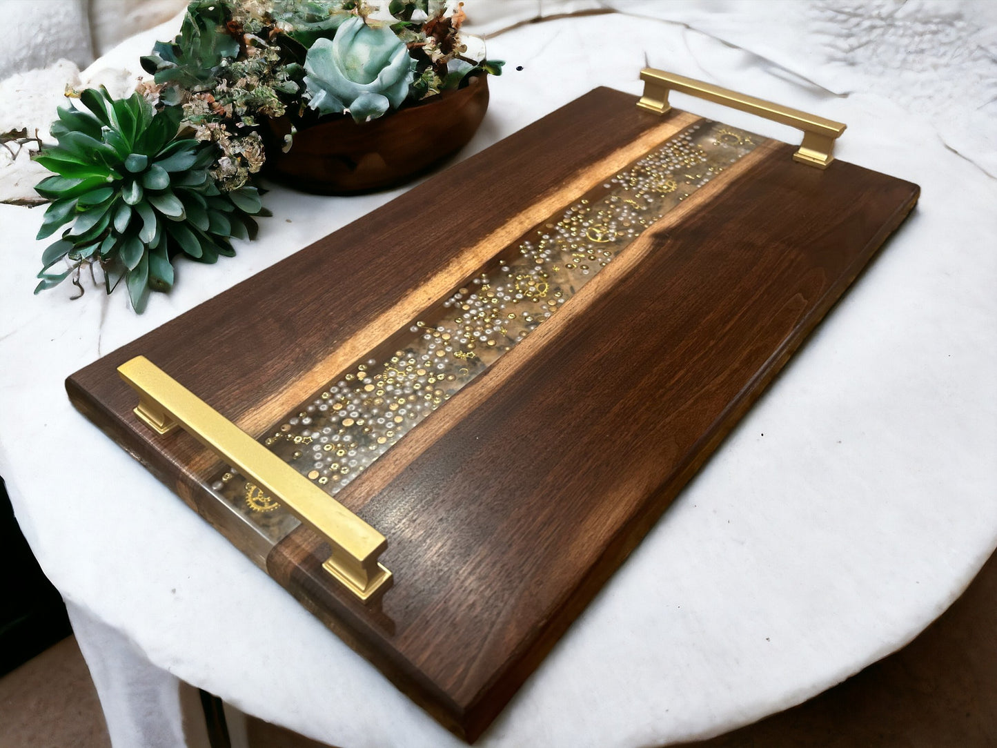 Charcuterie Cutting Tray Black Walnut live edge gold and white