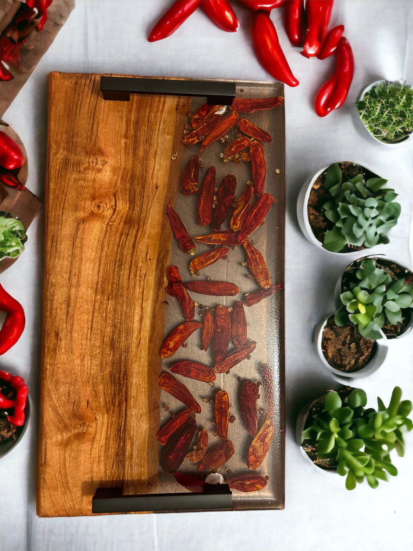 Charcuterie Serving Tray Cherry live edge wood with red peppers